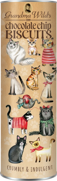 GRANDMA WILD'S Cats in Jumpers Tube - Chocolate Chip Biscuits 200g