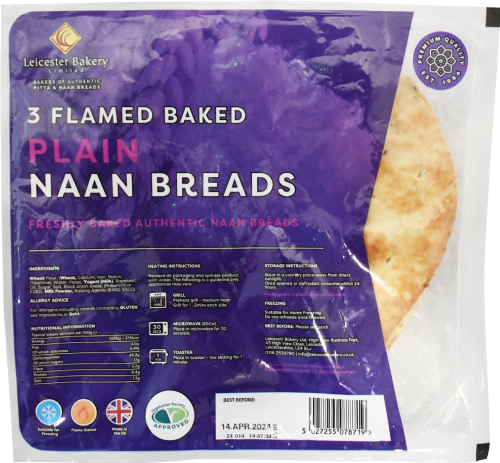 LEICESTER BAKERY 3 Flamed Baked Plain Naan Breads