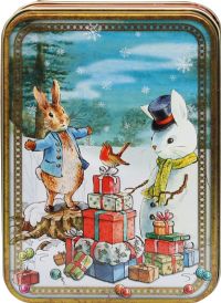 TIN TREATS Beatrix Potter Peter Rabbit Snowman & Presents Tin with Fudge 125g