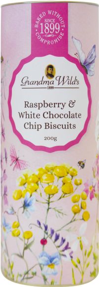 GRANDMA WILD'S Raspberry & White Chocolate Chip Biscuits in Wildflower Meadow Tube 200g