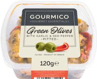 GOURMICO Pitted Greek Green Olives with Garlic & Red Pepper - Pot 120g